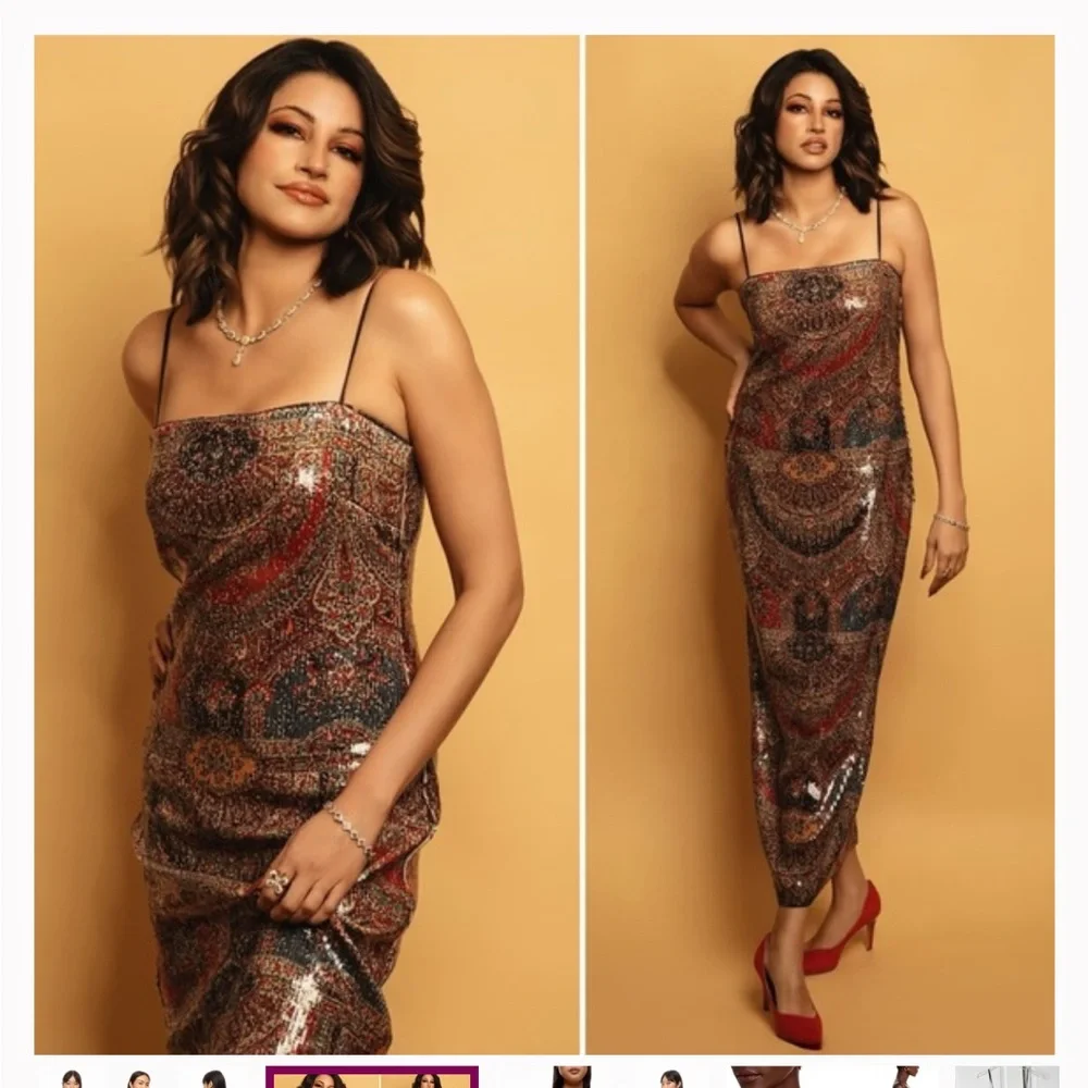 Veronica Beard Gold and Red Sequin Midi Dress - Picture 2 of 6